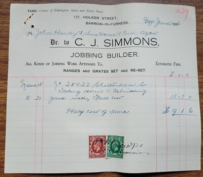 1936 C.J. Simmons, Baumeister, Holker Street, Barrow-in-Furness. Quittung