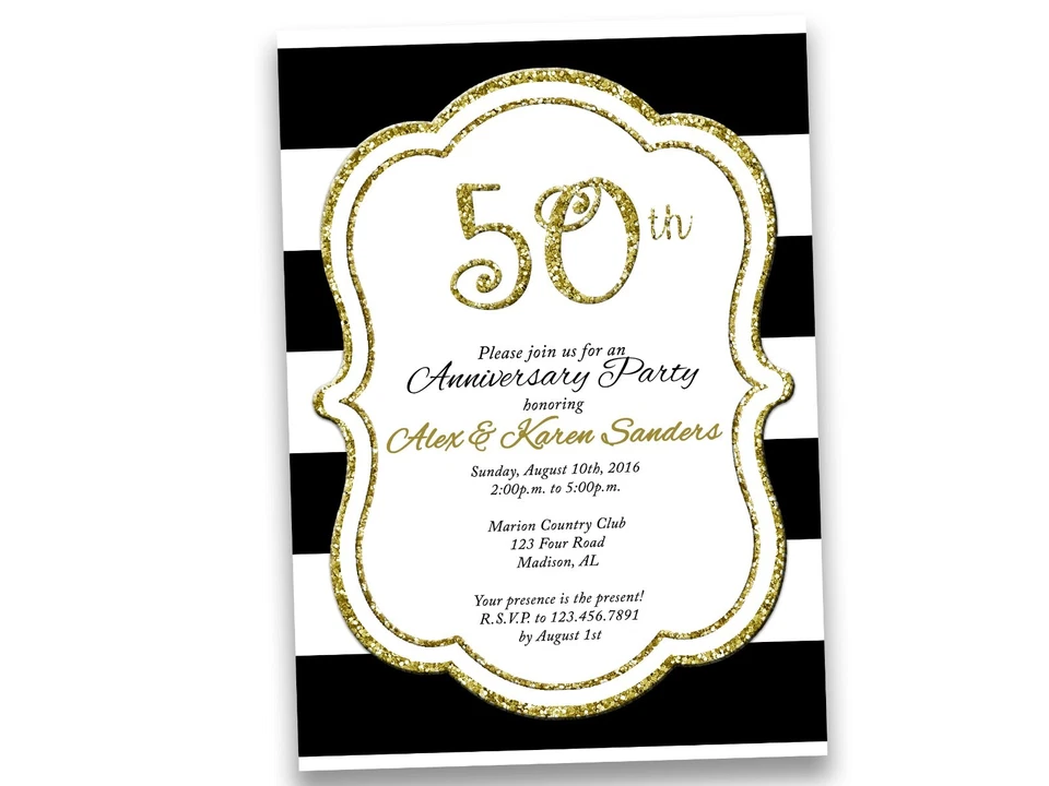 Invitaciones 50 Aniversario de Boda Personalizadas 4x6" Dorado Negro con Sobres Foto 2 de 3