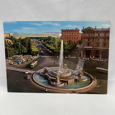Rome Piazza Postcard Posted Fountain - Busses - Cars - Cafe Grande Italia