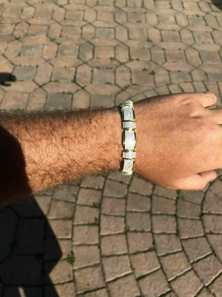 Pulsera personalizada para hombre enchapada en oro amarillo de 14k plata maciza 925 diamantes simulados Foto 4 de 4