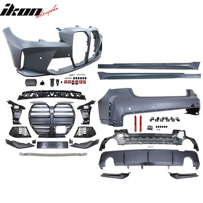 Fits 19-22 BMW 3 Series G20 M3 Style Front Rear Bumper for Round Tip &Side Skirt