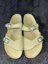 Birkensock Aziza Yellow Striped Double Straps Sandals NWOT L8M6