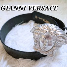 Auth Gianni Versace Belt Medusa Buckle Leather Black Vintage Croc Unisex
