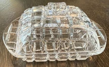 Vintage Glass Butter Dish Cheese Dish Clear With Offset Lines Design Fancy