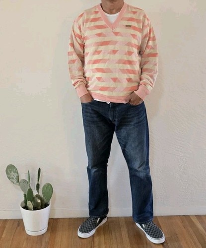Edwin Jeans Japan Multicolor Strip V Pink Neck Sweatshirt Sweater Size M - Picture 1 of 3