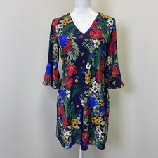 Jude Connally Tropical Floral Parrot Bell Sleeve Shift Dress S Bohemian