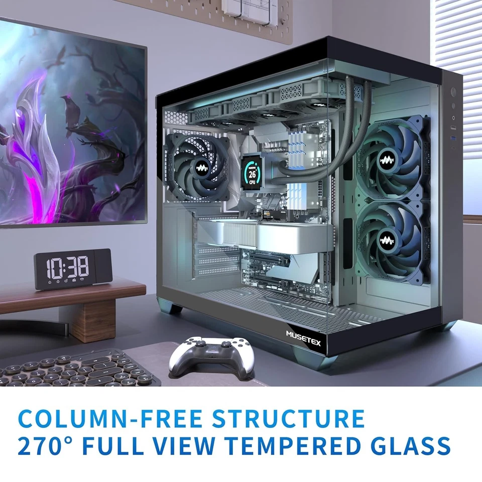 Y6 ATX PC Case w/ 3 Fans, 270° Glass, USB-C, Supports 360mm Liquid Cooler - Image 2 of 4