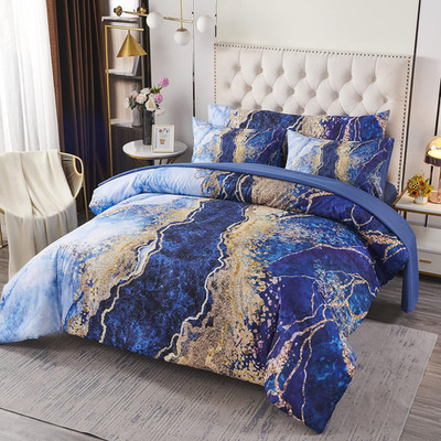 6 Pcs Bed-In-A-Bag Queen Size Blue Watercolor Marble Printed Comforter Set with