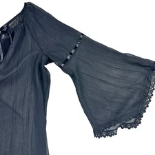 Iannella Black Sheer Bell Sleeve Blouse Tie Neck Lace Trim Goth Fairycore
