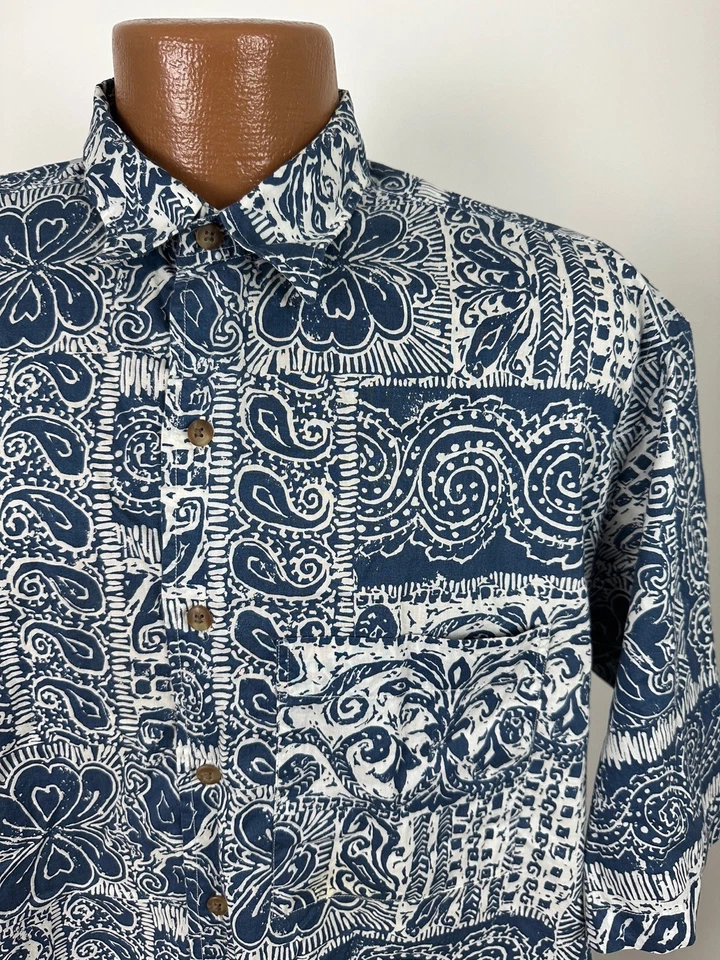 Vintage Ike Behar Hawaiian Shirt Men L Tribal Geometric Paisley Tiki Cotton USA - Image 2 of 4
