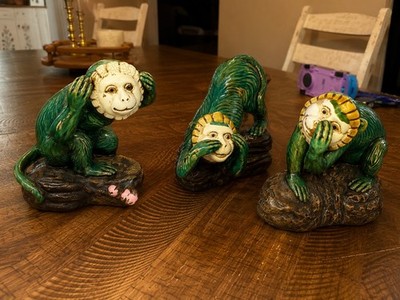 Ceramic Monkey Figurines Set of 3 See Hear Speak No Evil Green Cermanic