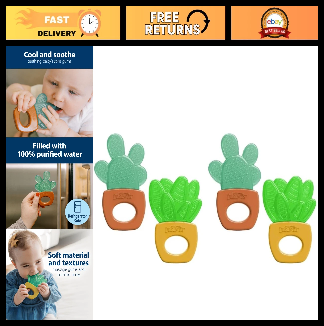 Cooling Baby Teether Toy - AquaCool Water-Filled Cactus for Sore Gums, BPA-Free,