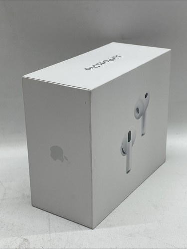 White Apple AirPods Pro 3 box with silver earbuds shown, featuring black Apple logo on lid and side.