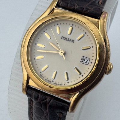 VTG Pulsar Quartz Watch V782-0460 Women Gold Tone Date Leather Analog New Batter