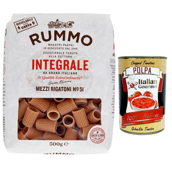 Rummo Pasta Integrale Mezzi Rigatoni N.51 Vollkornnudeln 10X500G+Polpa 400G-image
