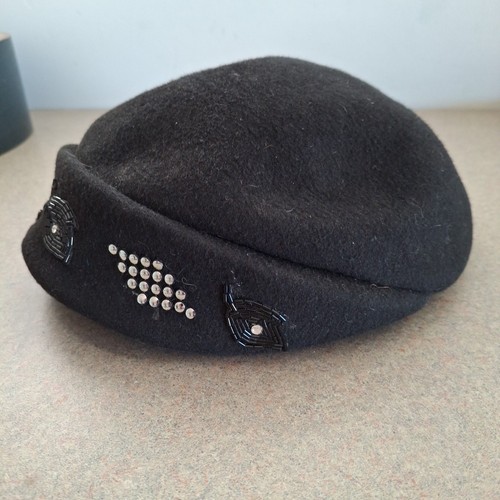 Cappello donna Henry Pollak New York nero 100% lana feltro pesca perline anni 80 glam - Foto 2 di 7
