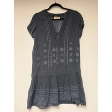 Juicy Couture Dress Womens Medium Gray Embroidered Boho Short Sleeve Mini