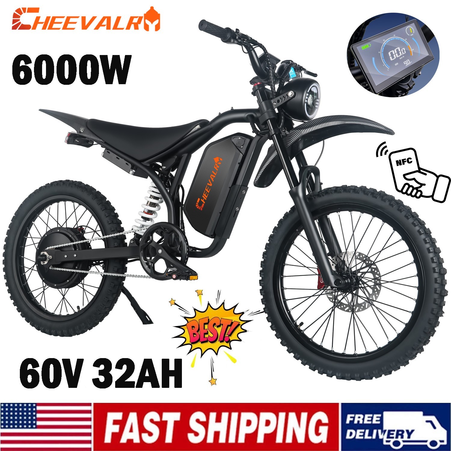 NEW 6000W Electric Dirt Bike 60V 32AH E-Mountainbike Adult Off-road E-bike NFC
