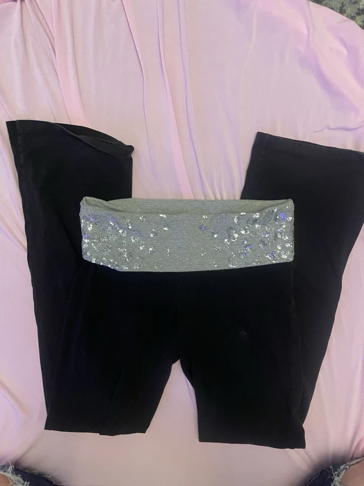 Y2K Rosa Victoria's Secret Leggings Negros con Brillo Cintura Acampanado Yoga Pantalón Foto 3 de 4