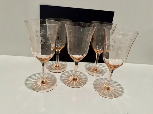 Antique Pink Depression Glass Wine Glasses, Etched Floral Design, Set of 5