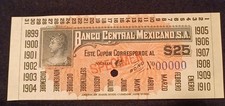 $25 Banco Central Mexicano Specimen from Bond Coupon Unc 1899 to 1910 Banknote