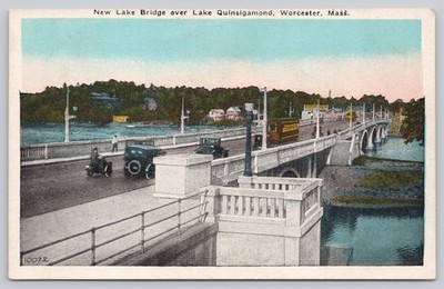 Vintage White Border Postcard New Lake Quinsigamond Bridge Worcester MA