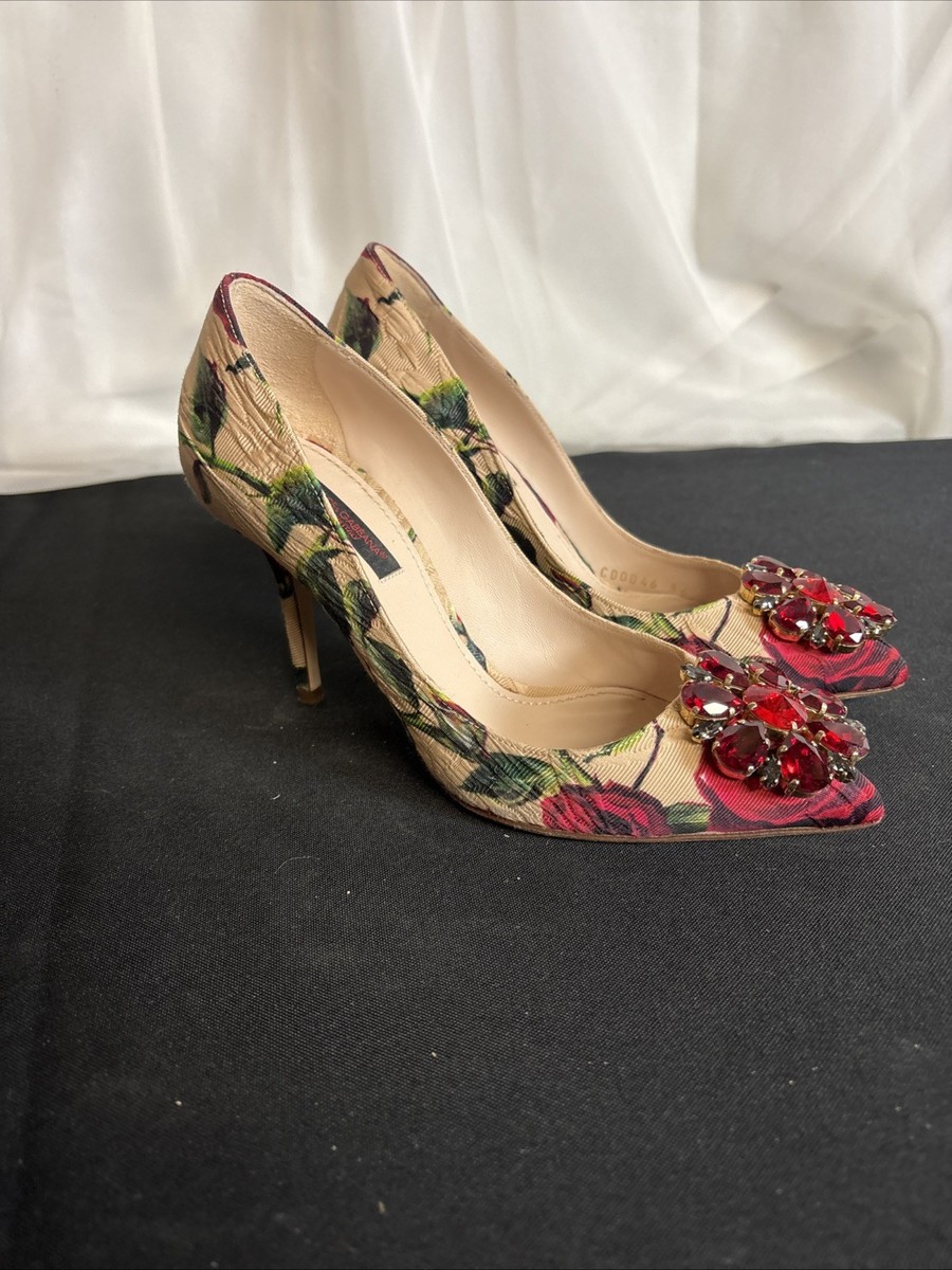 Dolce Gabbana Floral Fabric Embellished Heels Pumps Size 36 US 6
