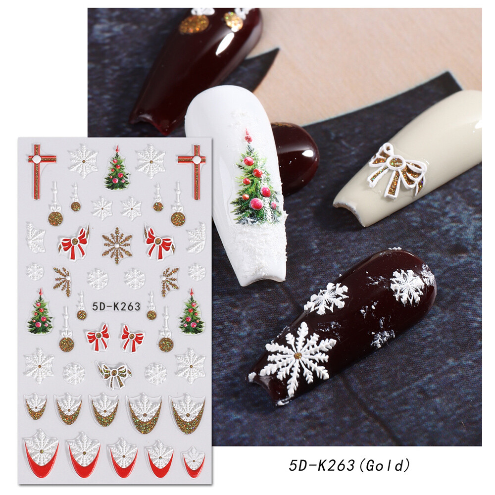 5D Embossed Christmas Nail Art Stickers Xmas Tree Snowflakes