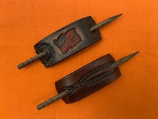 2 Leather Hair Barrettes w Sticks, Ponytail, American Flag USA, Handcrafted 03