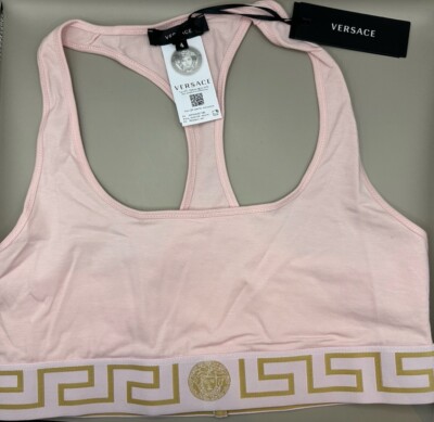 Versace Greca Border Scoop Bralette Medusa Logo Cotton Pink/Gold Sz 4 Authentic