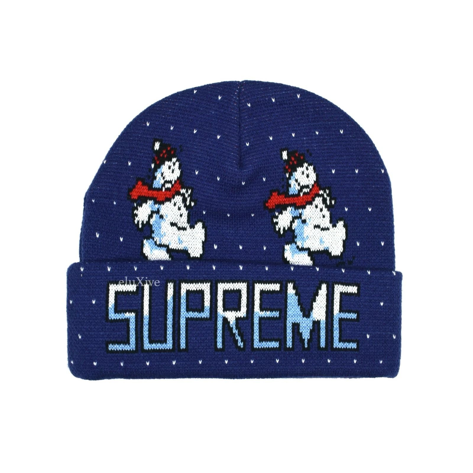 Bonnet tricoté logo bonhomme de neige suprême bleu marine DS FW21 Noël AUTHENTIQUE neuf avec étiquette