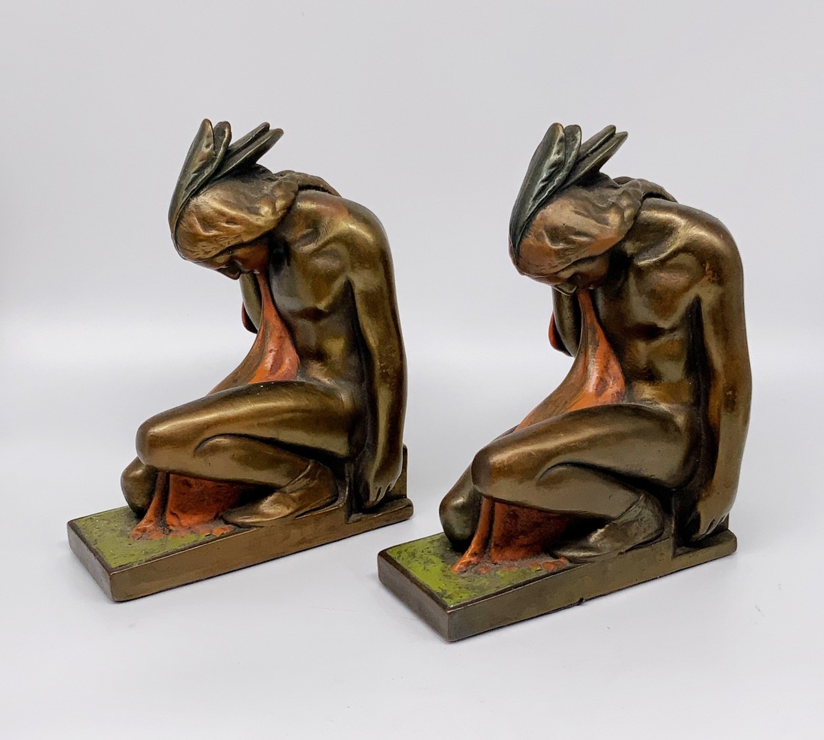 Antique Pompeian bronze Kneeling Native American bookends Paul
