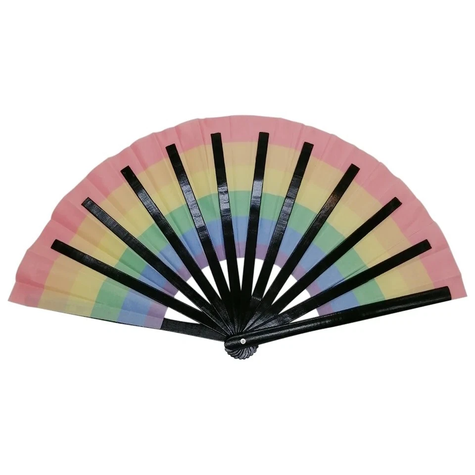 Large Folding Hand Fan Black Bamboo Rave Festival Clack Fan Rainbow Pride Fan - Image 3 of 4