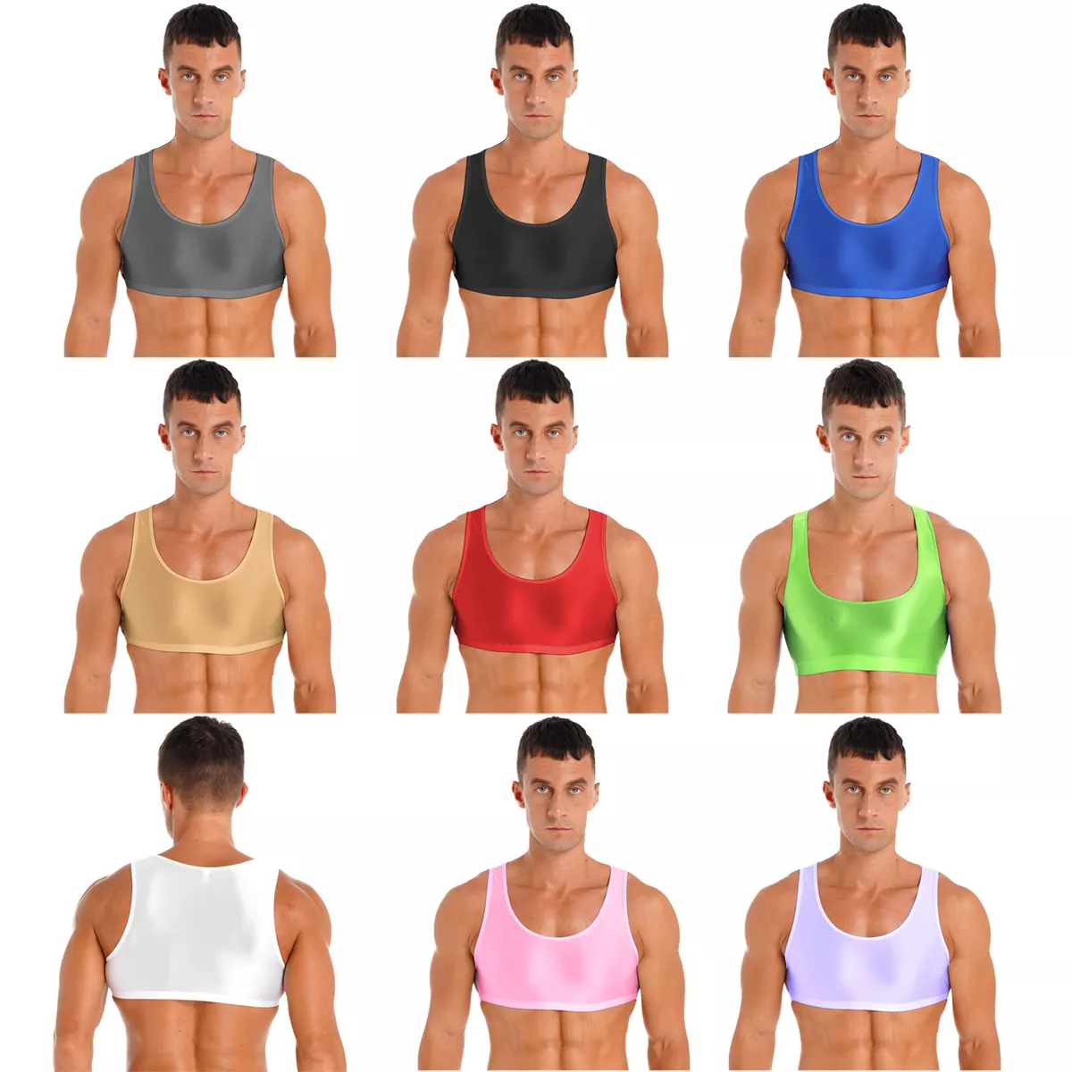 Mens Oil Glossy Crop Tank Top Workout Bodybuilding Compression