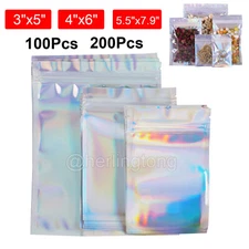 200PCS Holographic Mylar Foil Bag Resealable Zipper Pouch Packaging Clear Front