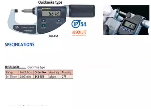 Mitutoyo 342-451 LCD Crimp Height Micrometer, Quickmike Type,Ratchet Stop,0-15mm