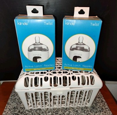 2 Boxes of Kiinde Twist Active Latch Nipples & A Munchkin Baby Bottle Wash Rack.