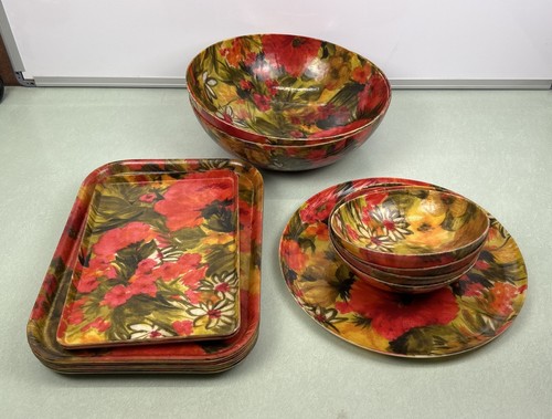 Vintage Floral Fiberglass Serving Snack Bowls Trays Lot 1970s Groovy Funky MCM - Picture 1 of 23