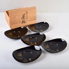 Wajima Lacquerware Goichi Mitani Hanakusa Chinkin Oval Tea Saucer Five Pieces