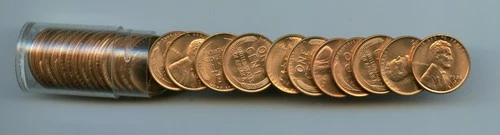 *1936-D 1/2 roll of Lincoln Cents, Choice Uncirculated Full Red in vintage tube*