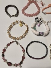 Lot Of Fourteen High End Children's Bracelets, Rose Quartz, Cross, Zebra, & More