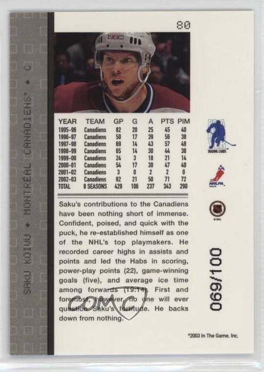 2003-04 ITG Be A Player Memorabilia Sapphire /100 Saku Koivu #80 - Image 2 of 2