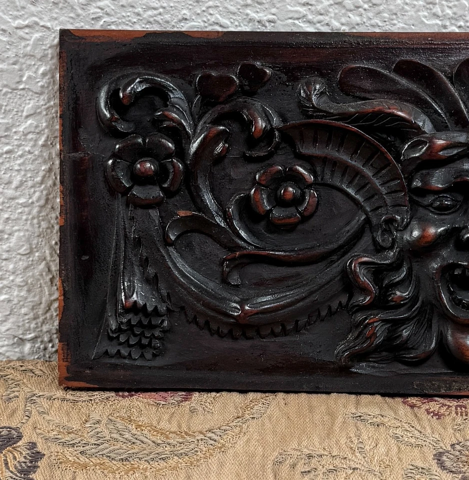 Antiguo panel floral caoba tallado siglo XIX hombre bestia renacimiento francés #1 Foto 3 de 4