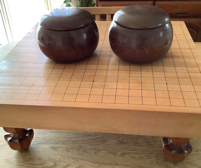 Japanese Vintage Wooden Go-Board W45.5×D42.2×H17.6cm w/Black & White Stone, Bowl