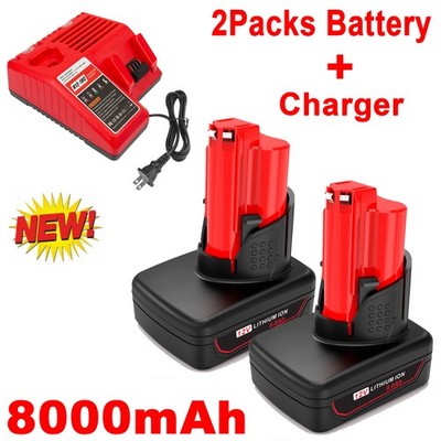 8AH Battery and Charger For Milwaukee 12V for M12 Extended Capacity 48-11-2460