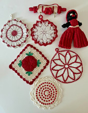 Lot of 7 Vtg Crocheted Kitchen Decor Potholders Cottage Core Granny Red/White