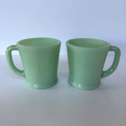 A Pair of Vintage Fire King Jadeite D-Handle Coffee Mugs Anchor Hocking