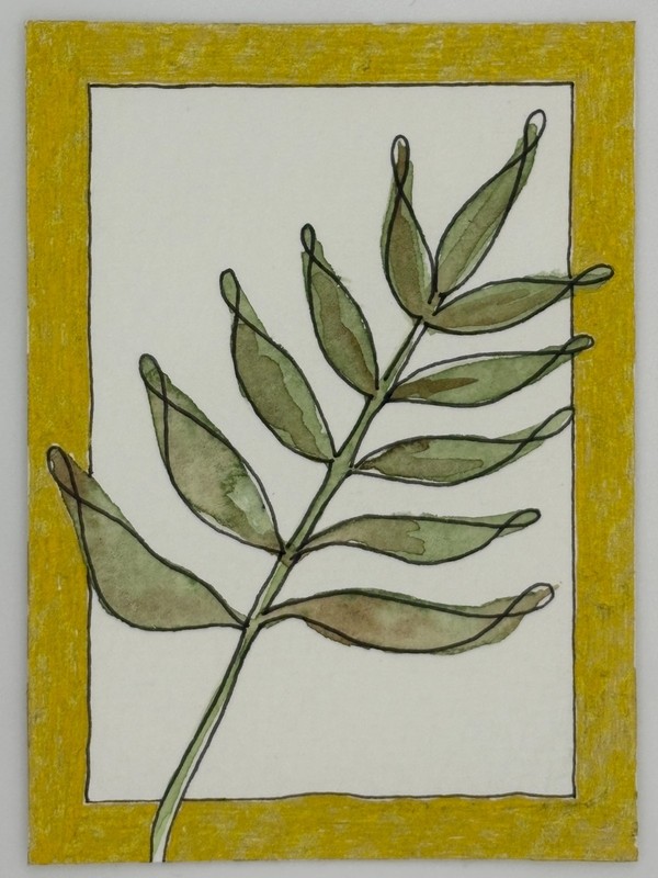 Original ACEO Watercolor & Pen Leaf Branch with Gold Border by BreyhaArt