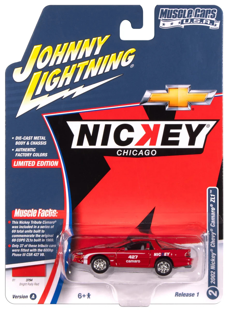 Nickey 2002 Chevy Camaro ZL1 Red w/White Johnny Lightning Muscle 1