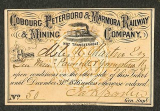 Cobourg Peterboro & Marmora Railway & Mining Co. Railroad Annual Pass 1876